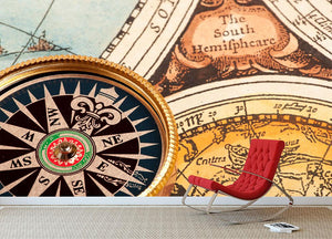 Old compass on vintage retro map Wall Mural Wallpaper - Canvas Art Rocks - 2