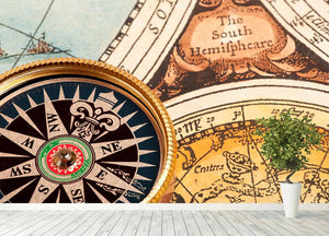 Old compass on vintage retro map Wall Mural Wallpaper - Canvas Art Rocks - 4