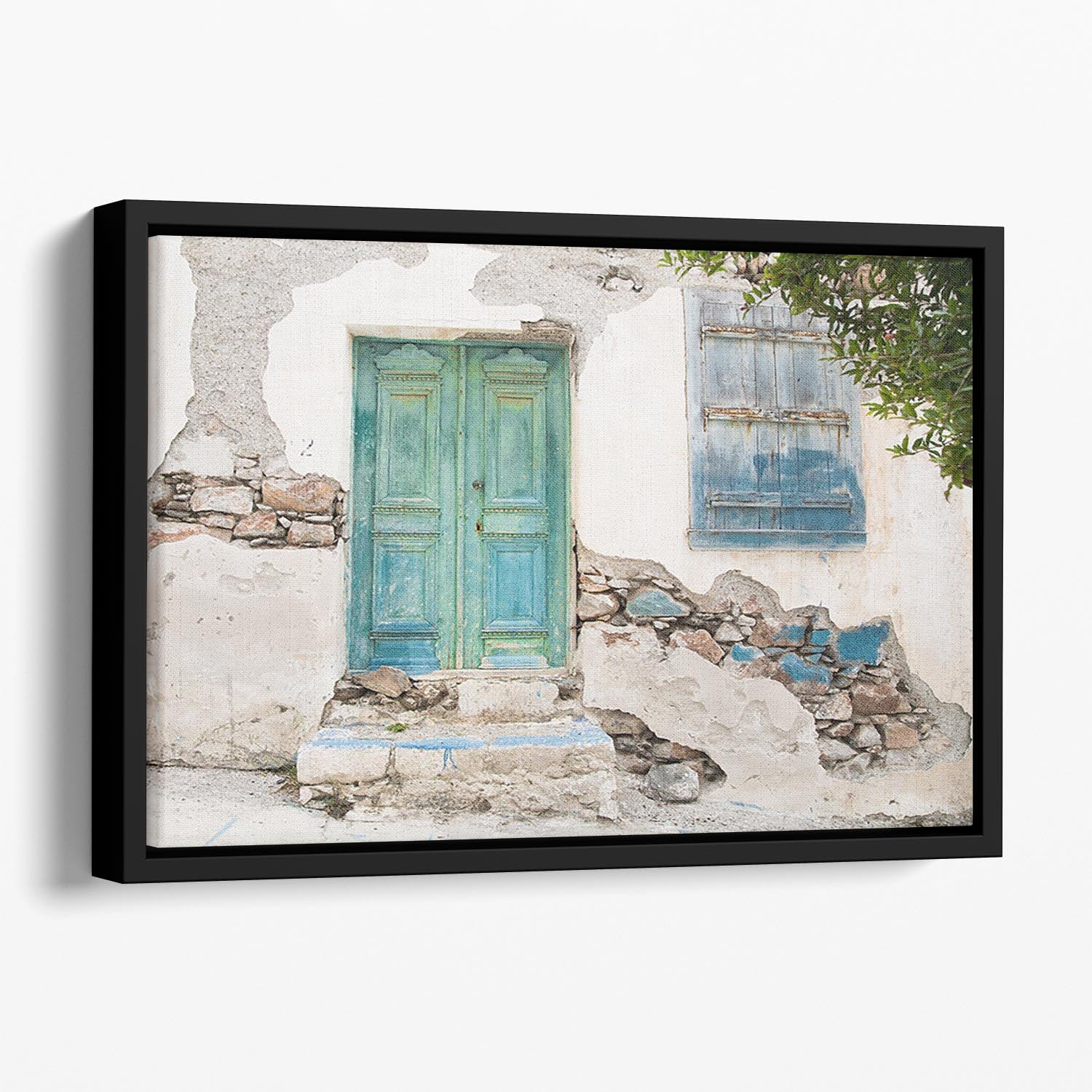 Old wooden door of a shabby demaged house Floating Framed Canvas - Canvas Art Rocks - 1