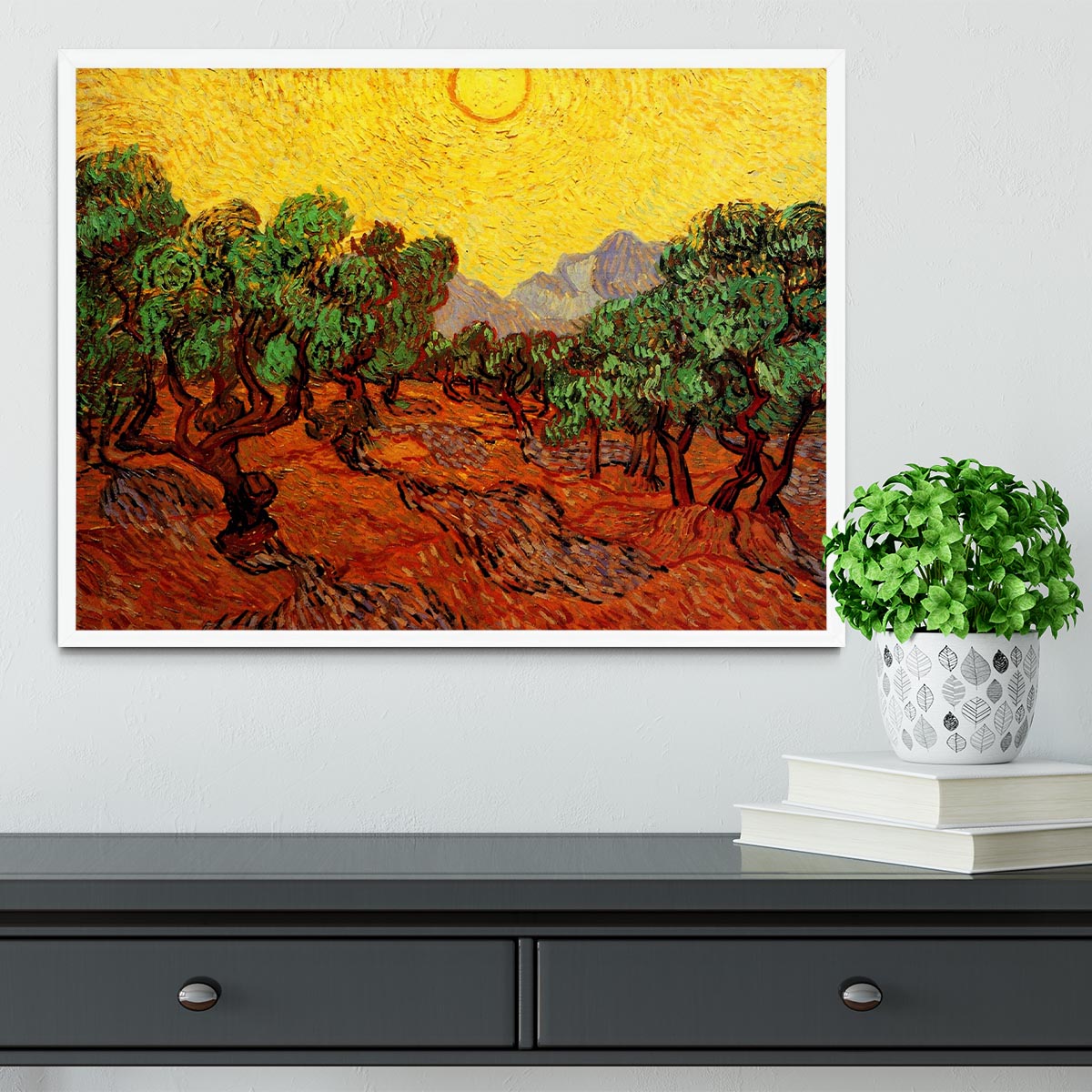 Olive Trees with Yellow Sky and Sun by Van Gogh Framed Print - Canvas Art Rocks -6