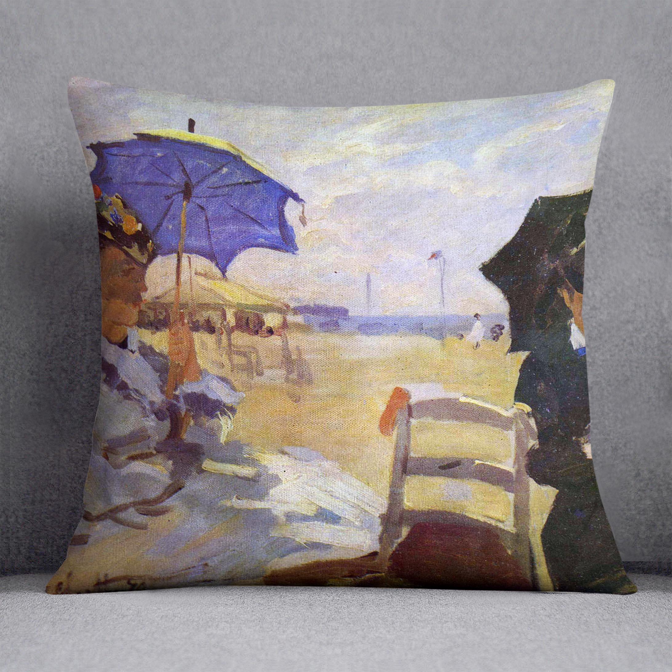 On the beach at Trouville by Monet Cushion