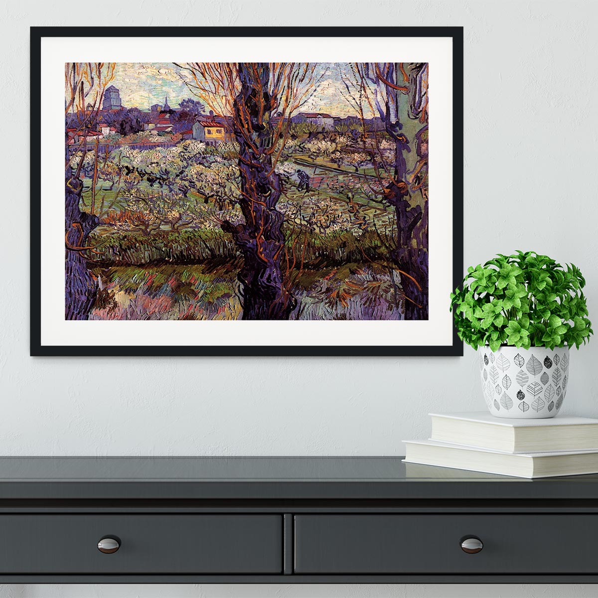 Orchard in Blossom with View of Arles by Van Gogh Framed Print - Canvas Art Rocks - 1