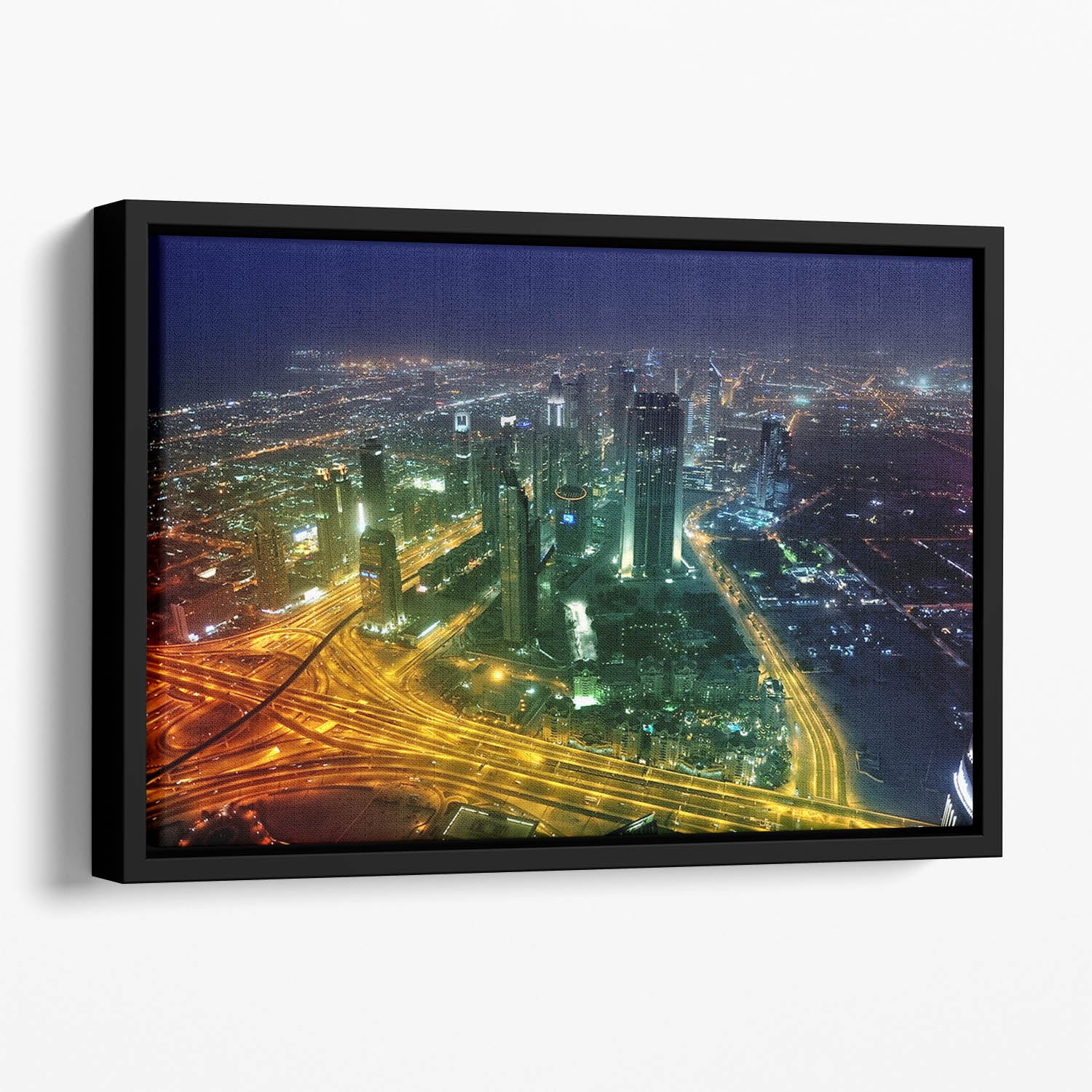Panorama Dubai city at night Floating Framed Canvas