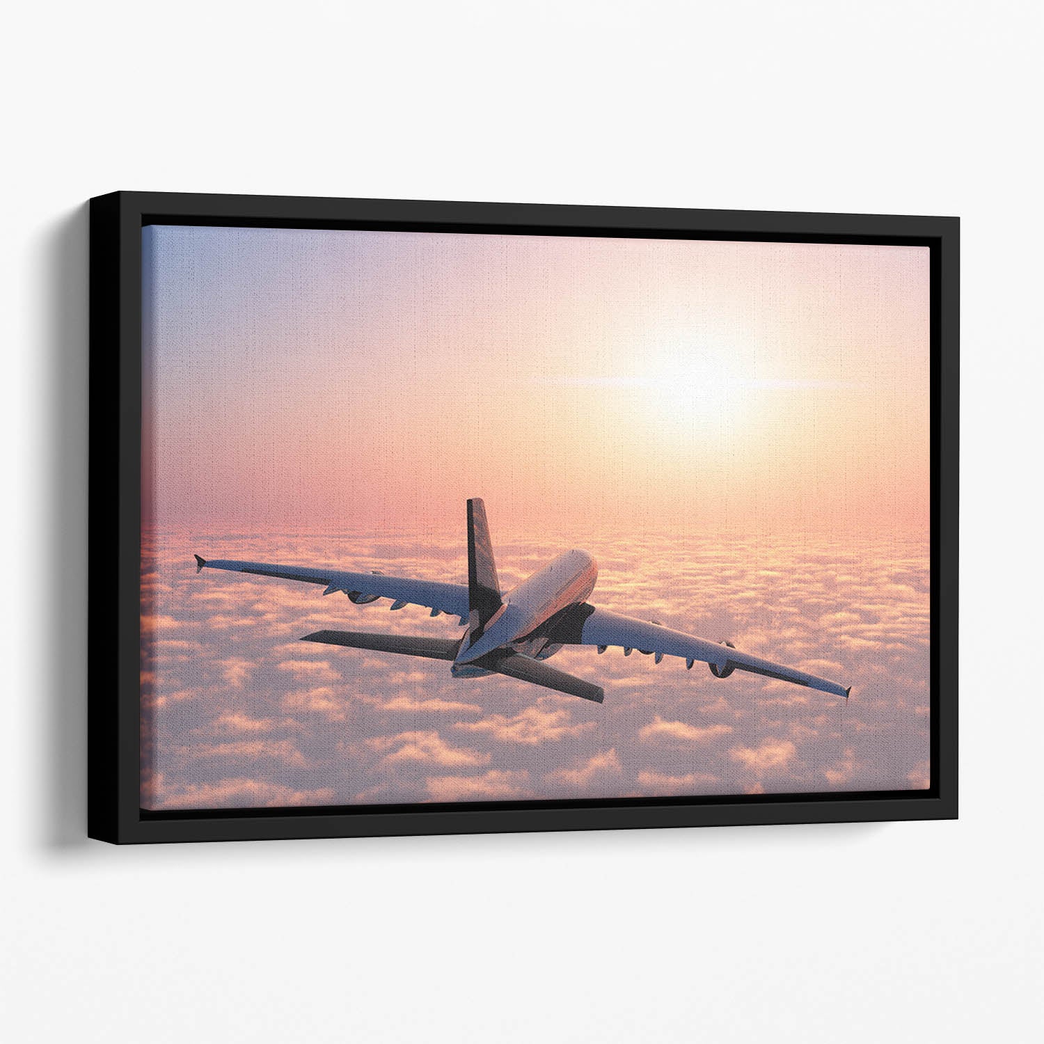 Passenger plane above the clouds Floating Framed Canvas