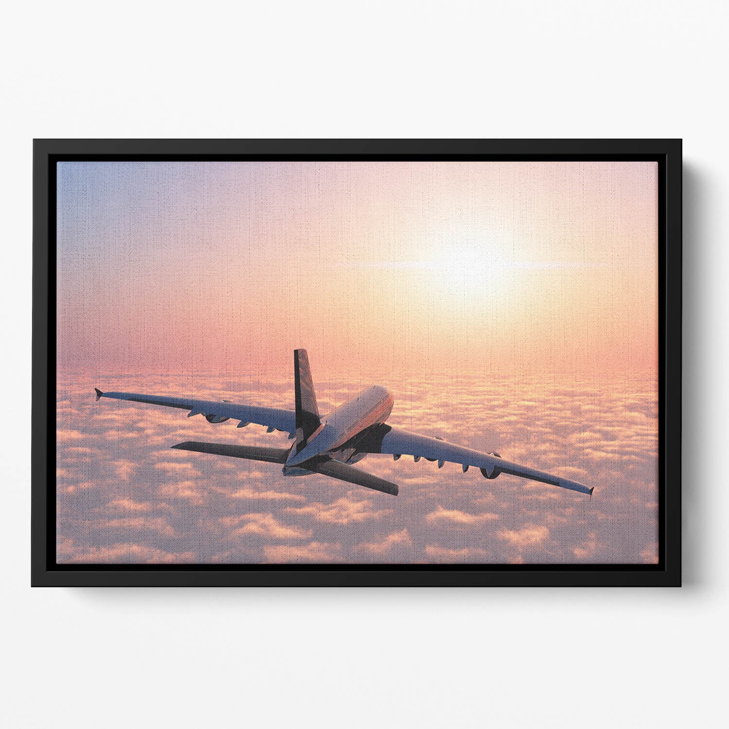 Passenger plane above the clouds Floating Framed Canvas