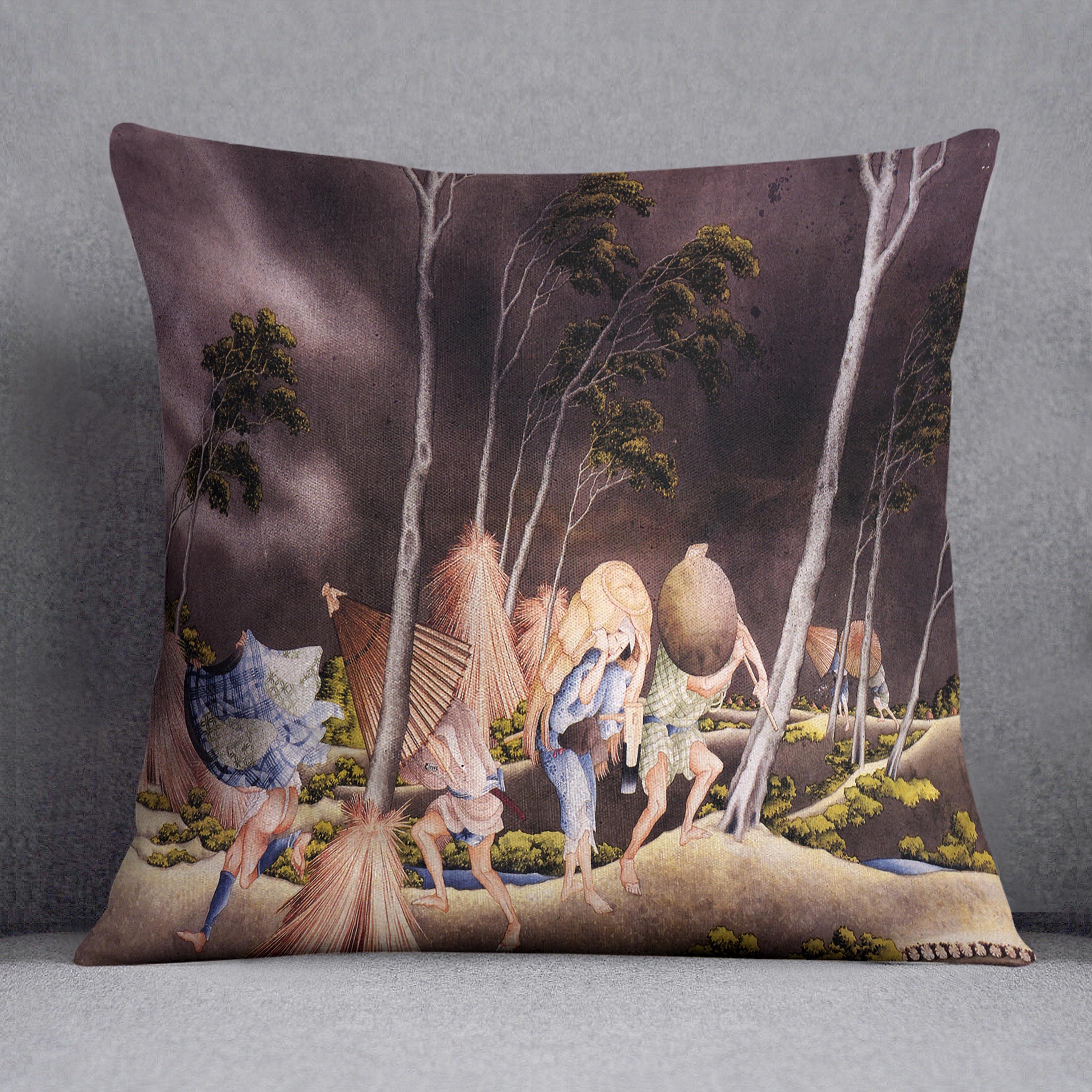 Peasants surprised by a violent storm by Hokusai Cushion