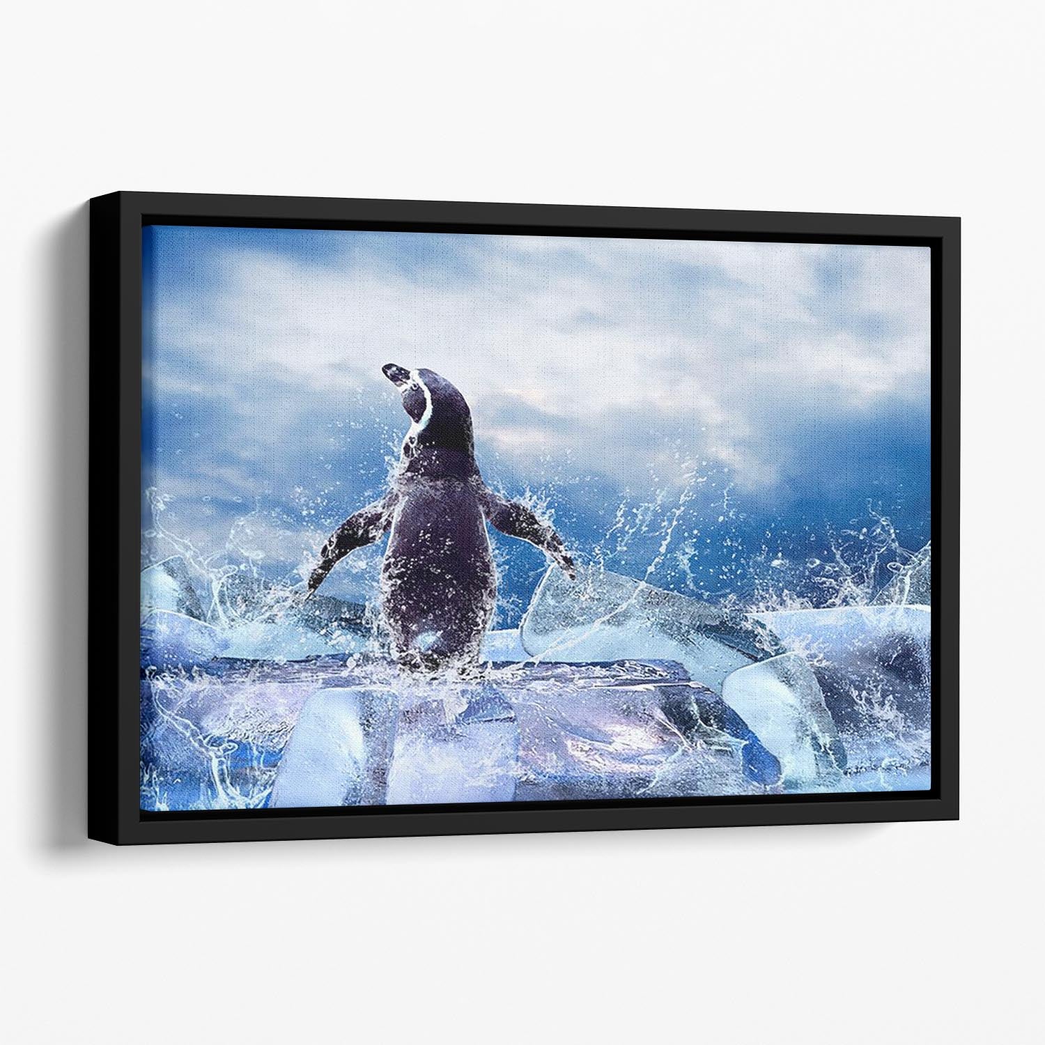 Penguin on the Ice in water drops Floating Framed Canvas - Canvas Art Rocks - 1