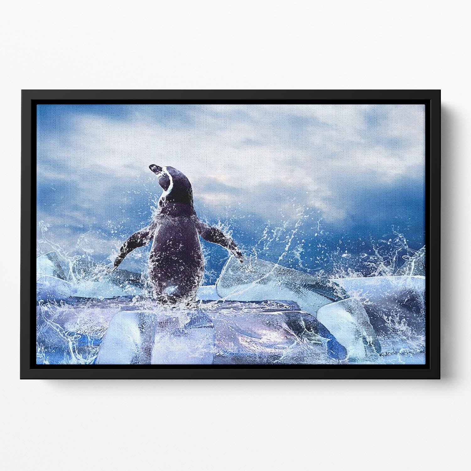 Penguin on the Ice in water drops Floating Framed Canvas - Canvas Art Rocks - 2