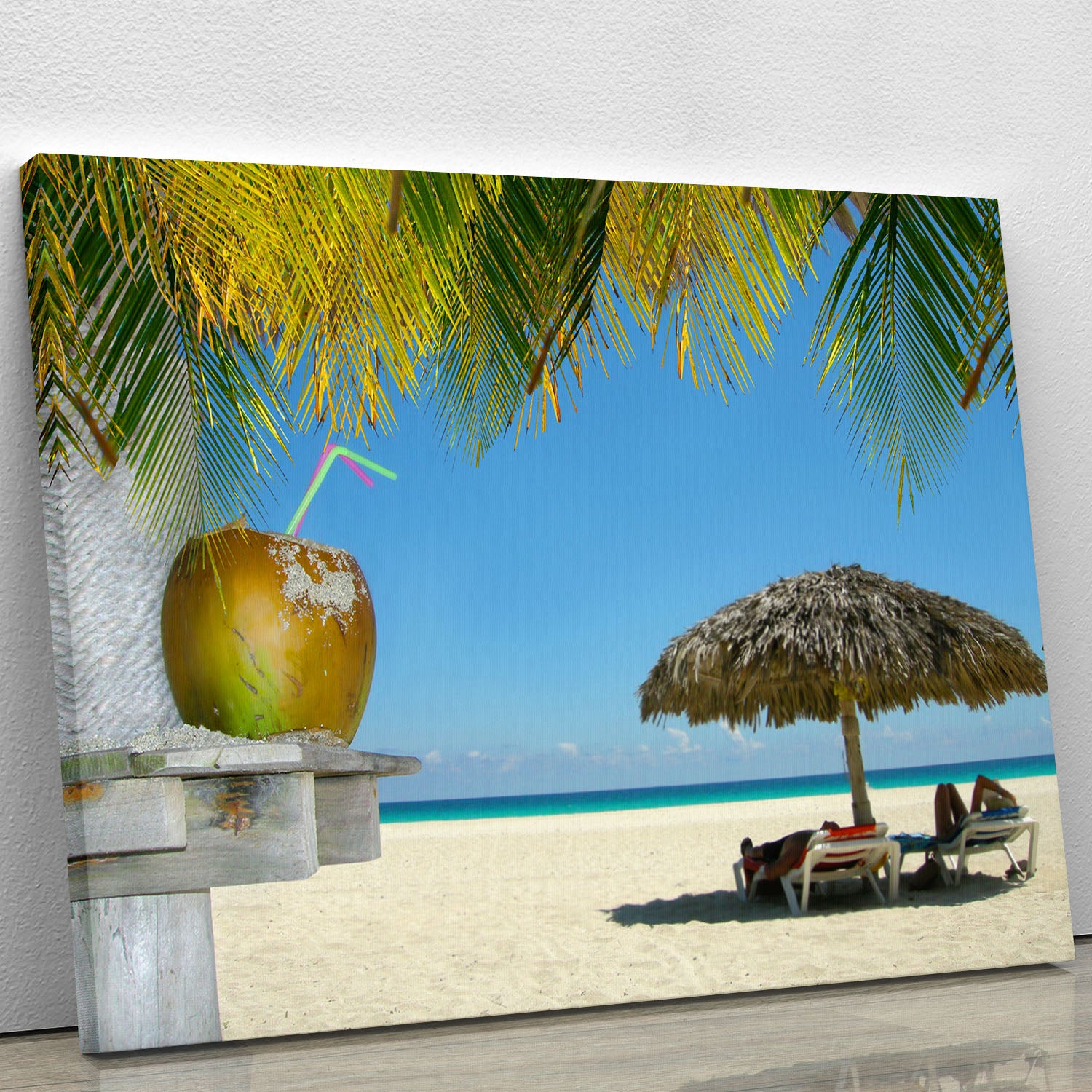 People relaxing under tropical huts with coconut Canvas Print or Poster - Canvas Art Rocks - 1