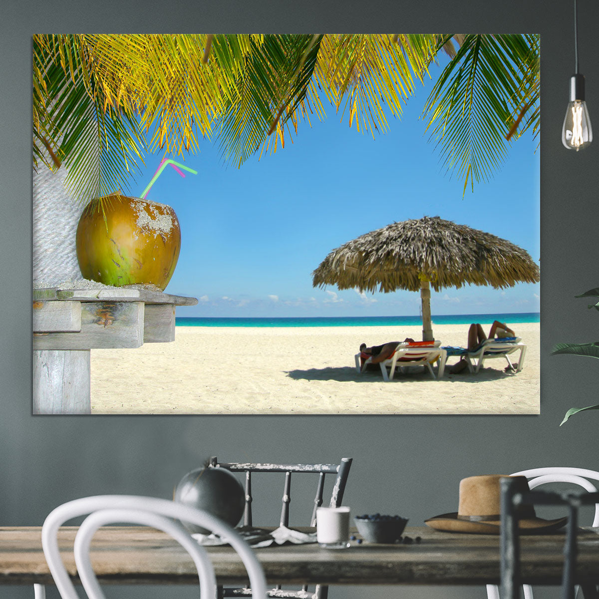 People relaxing under tropical huts with coconut Canvas Print or Poster - Canvas Art Rocks - 3