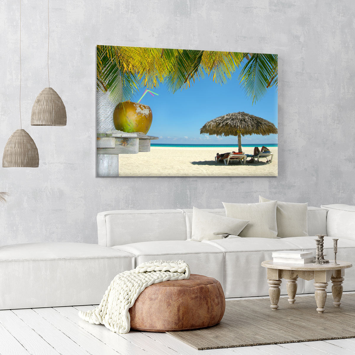 People relaxing under tropical huts with coconut Canvas Print or Poster - Canvas Art Rocks - 6