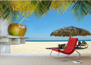 People relaxing under tropical huts with coconut Wall Mural Wallpaper - Canvas Art Rocks - 2