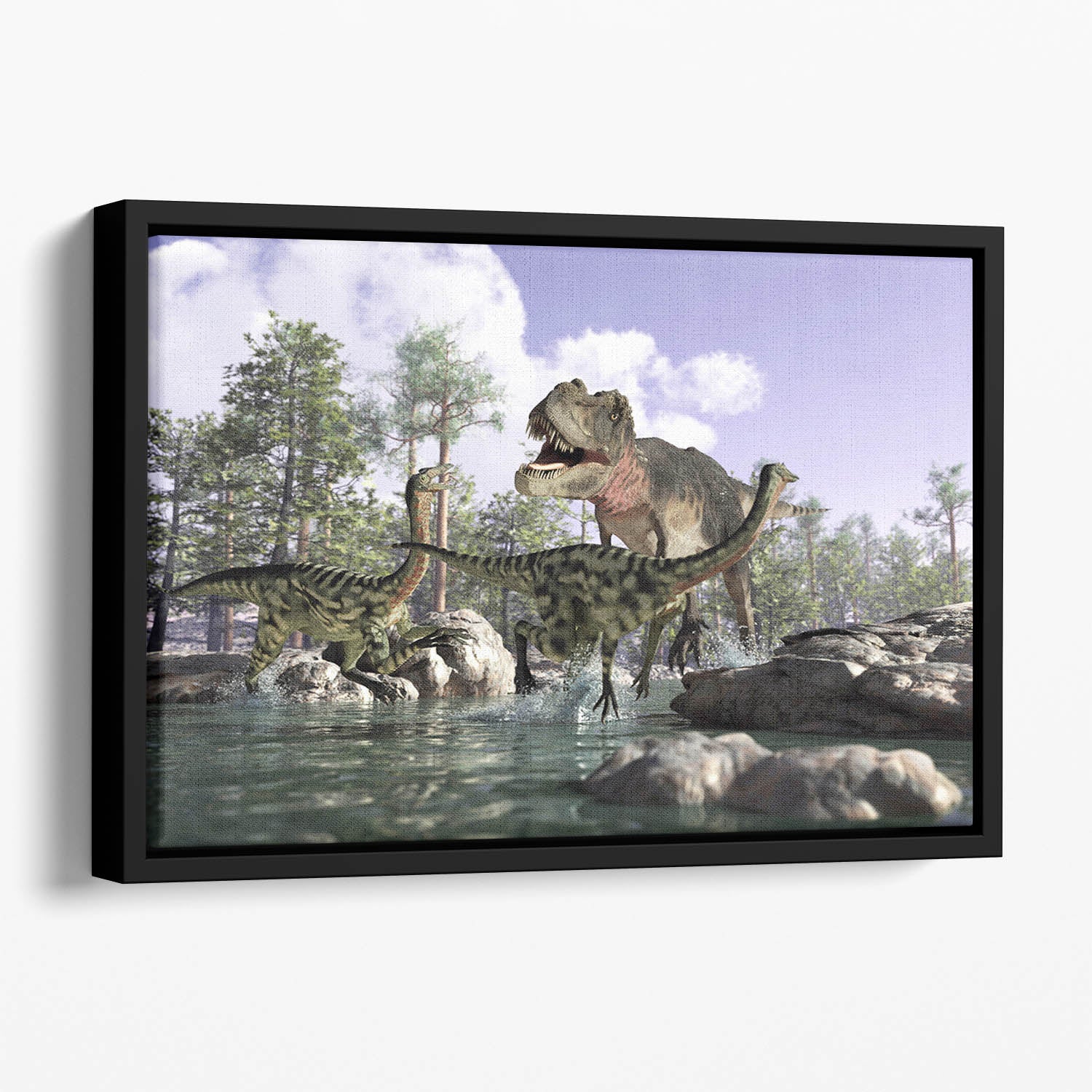 Photorealistic 3 D scene of a Tyrannosaurus Rex Floating Framed Canvas