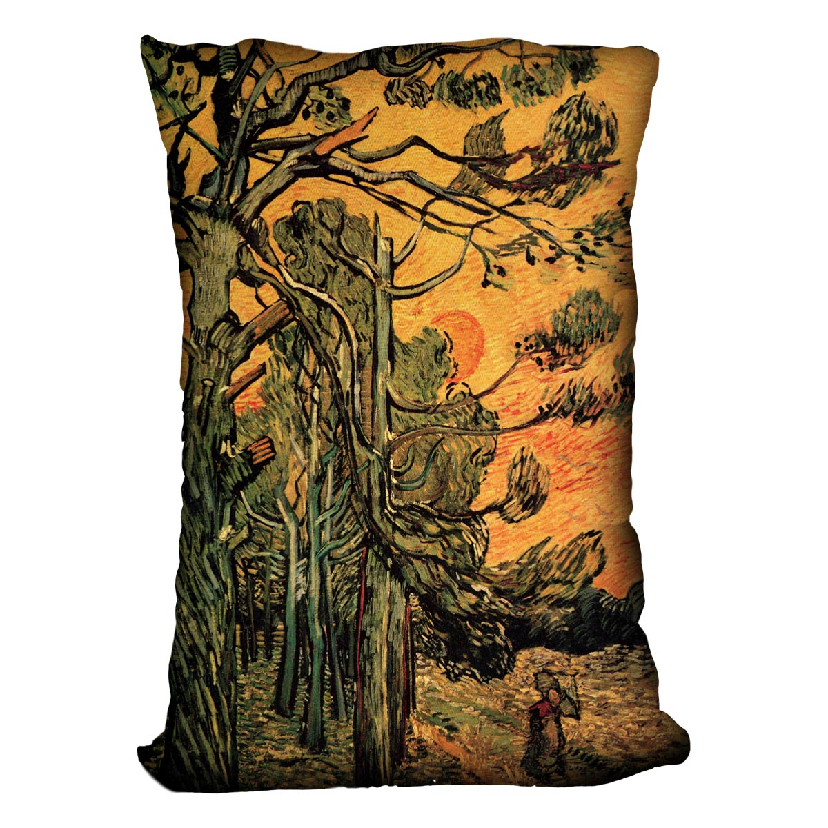 Pine Trees against a Red Sky with Setting Sun by Van Gogh Cushion