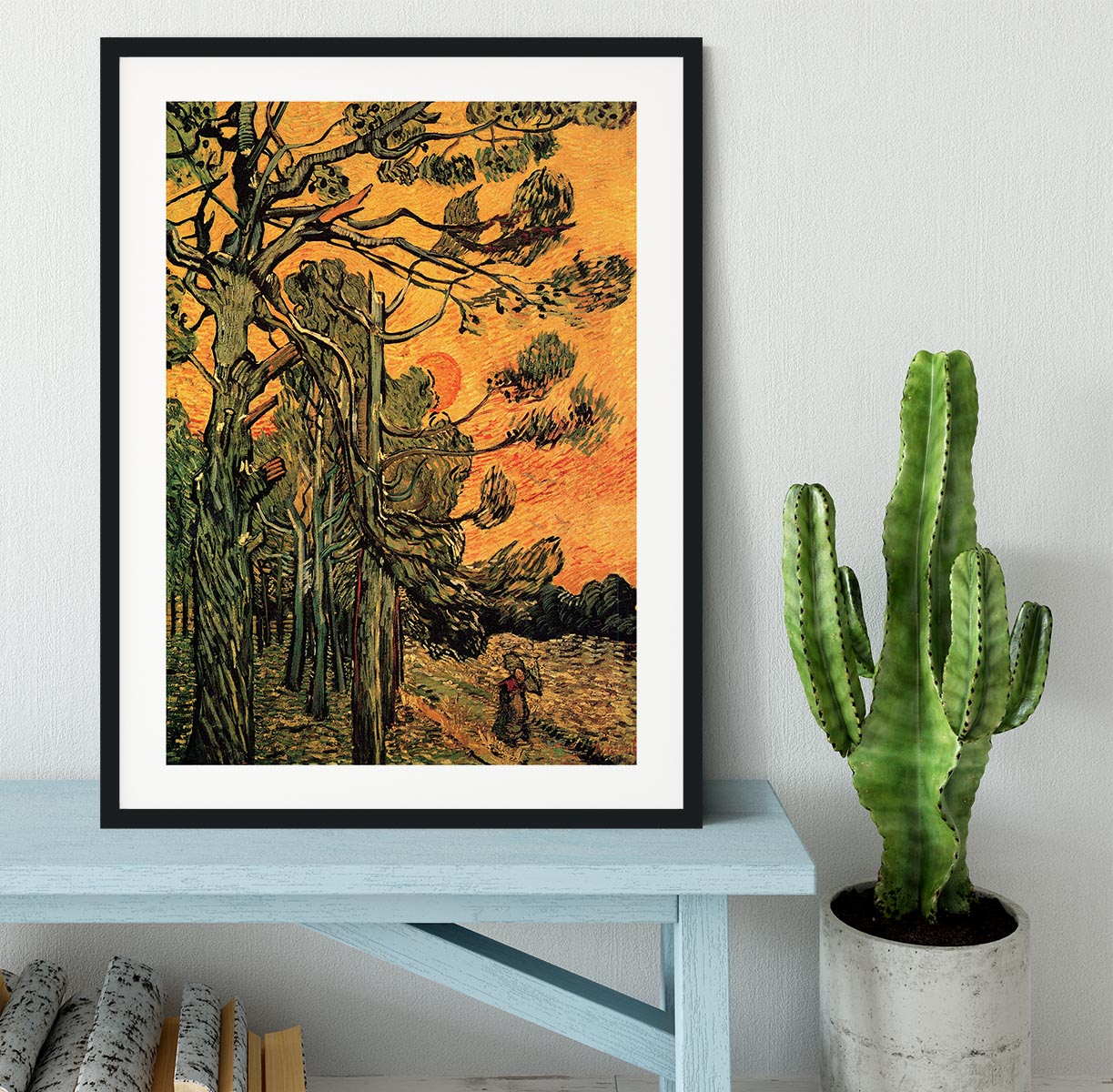 Pine Trees against a Red Sky with Setting Sun by Van Gogh Framed Print - Canvas Art Rocks - 1