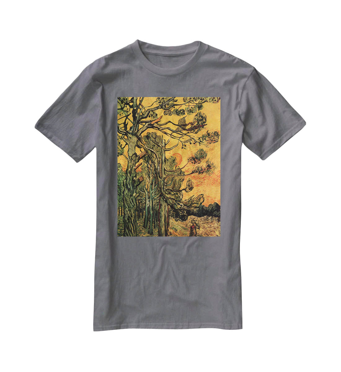 Pine Trees against a Red Sky with Setting Sun by Van Gogh T-Shirt - Canvas Art Rocks - 3