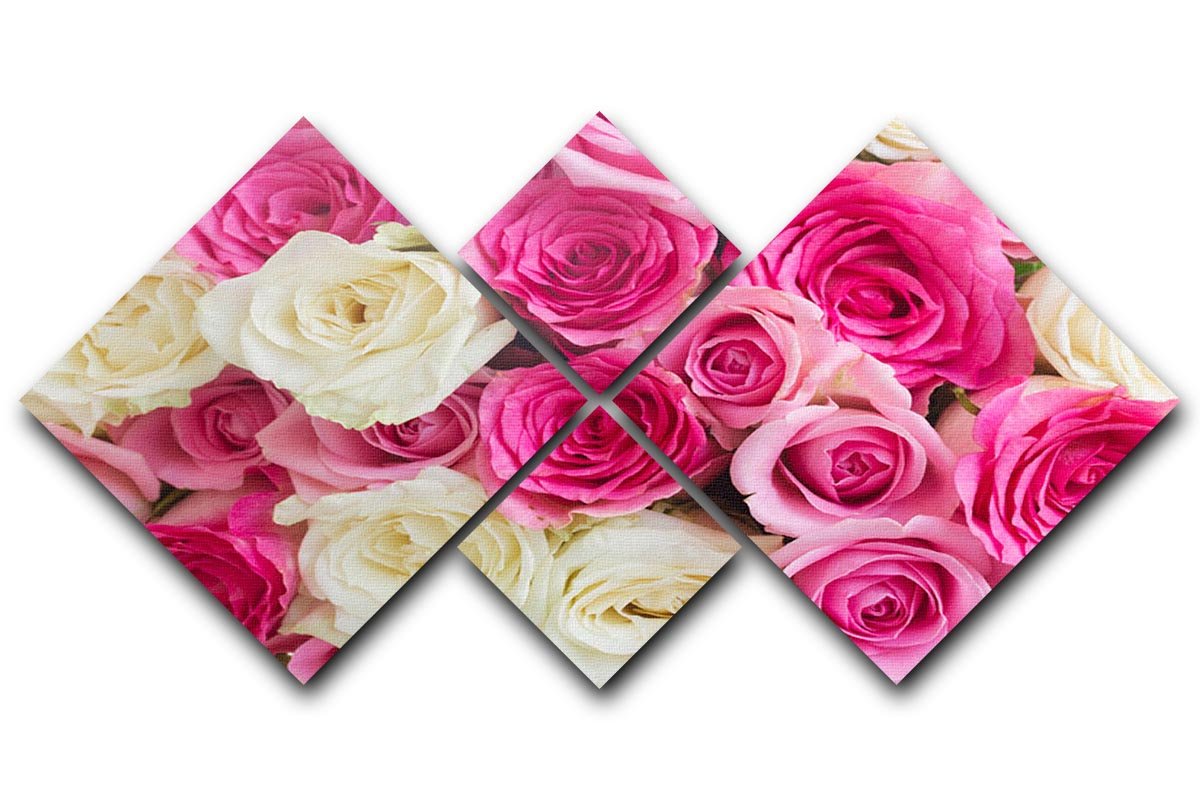 Pink and white fresh rose flowers 4 Square Multi Panel Canvas  - Canvas Art Rocks - 1