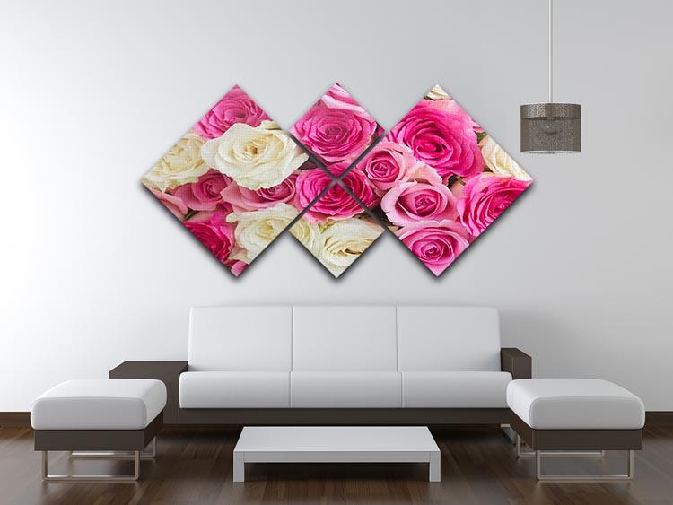 Pink and white fresh rose flowers 4 Square Multi Panel Canvas  - Canvas Art Rocks - 3