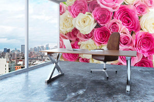 Pink and white fresh rose flowers Wall Mural Wallpaper - Canvas Art Rocks - 3