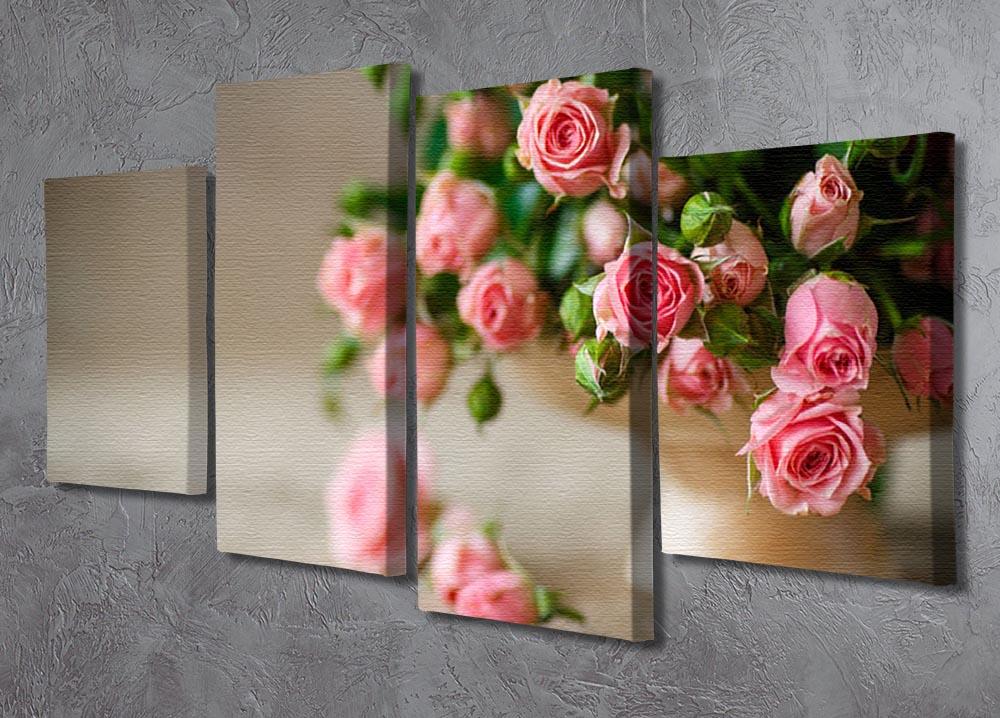 Pink roses on an old table of burlap 4 Split Panel Canvas  - Canvas Art Rocks - 2