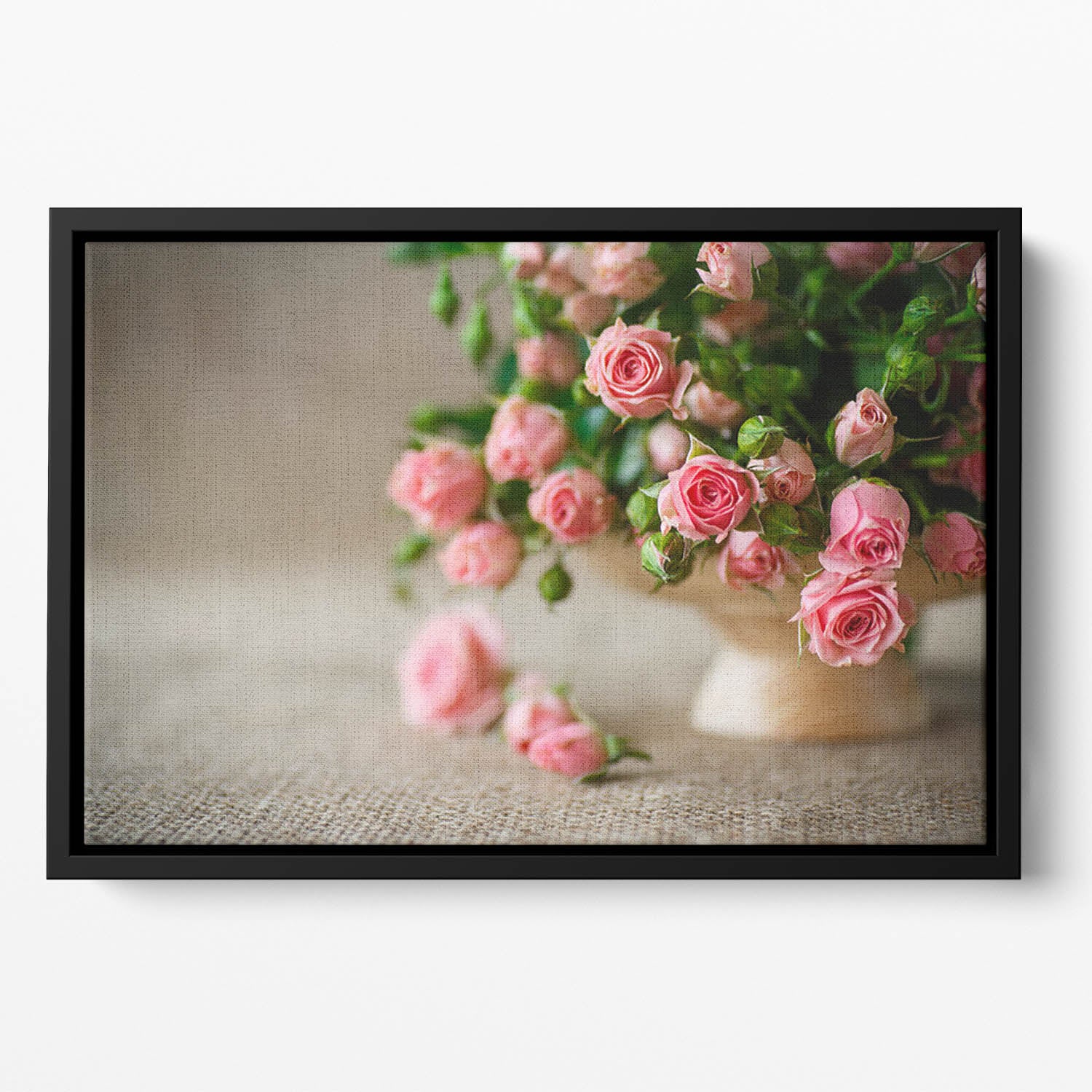 Pink roses on an old table of burlap Floating Framed Canvas