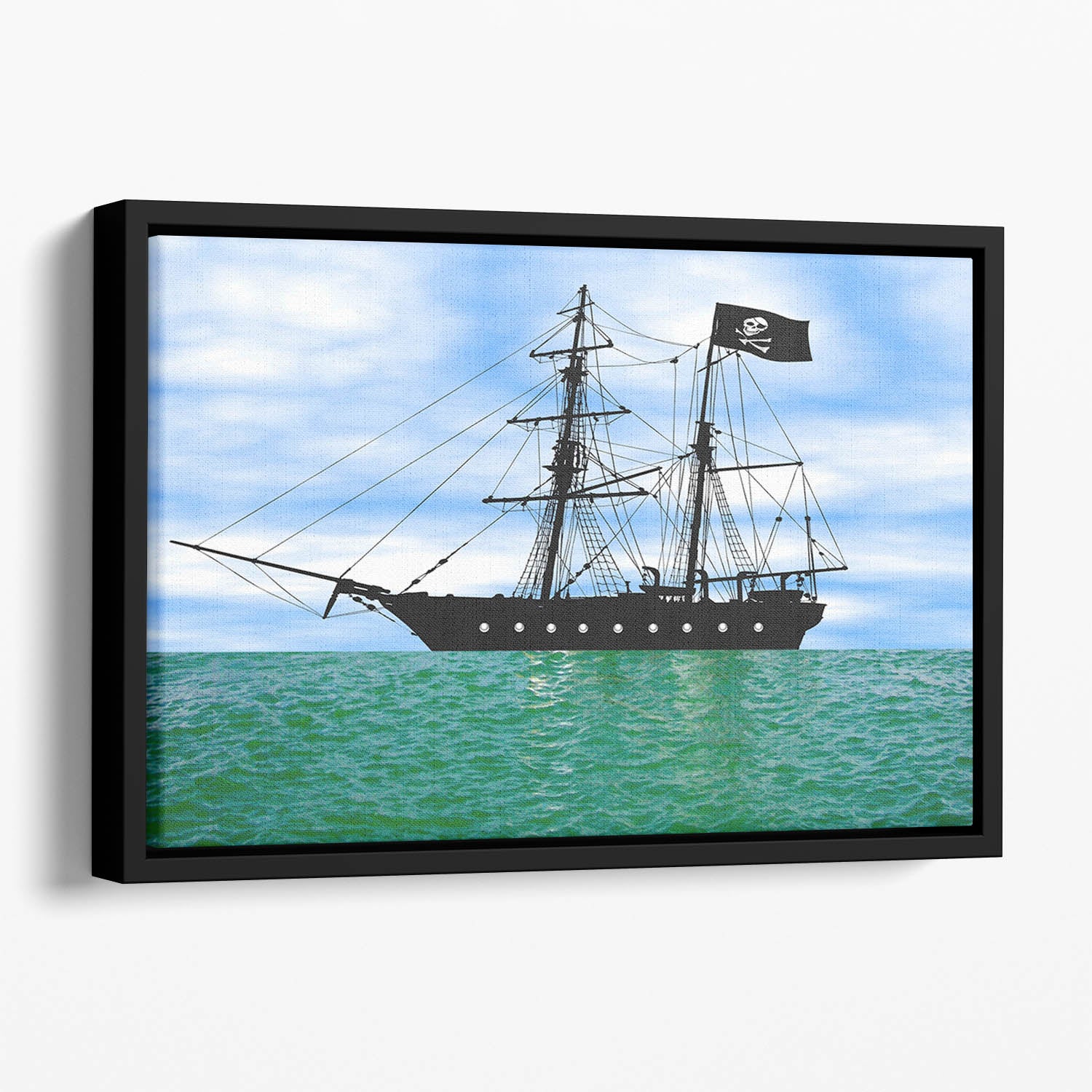 Pirate ship at anchor Floating Framed Canvas