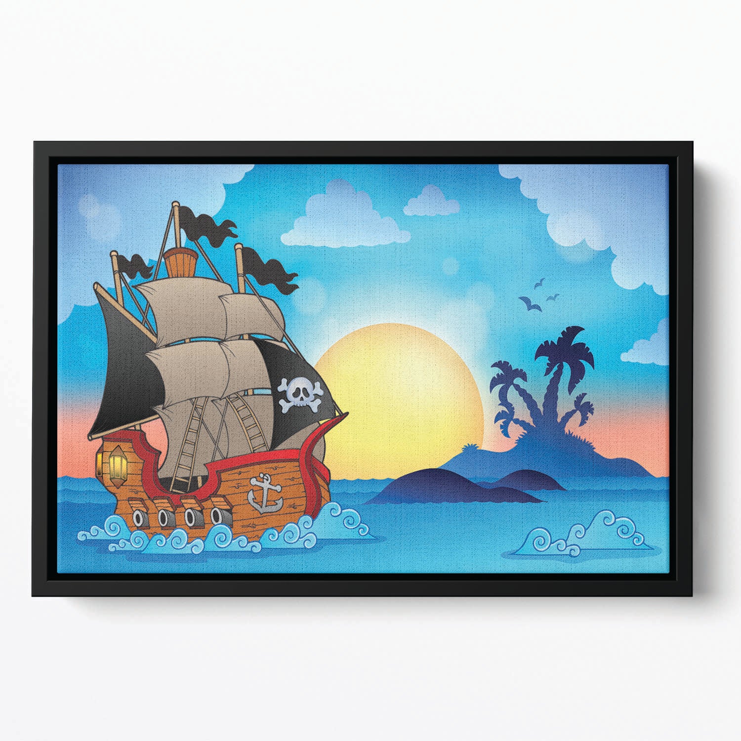 Pirate ship near small island Floating Framed Canvas