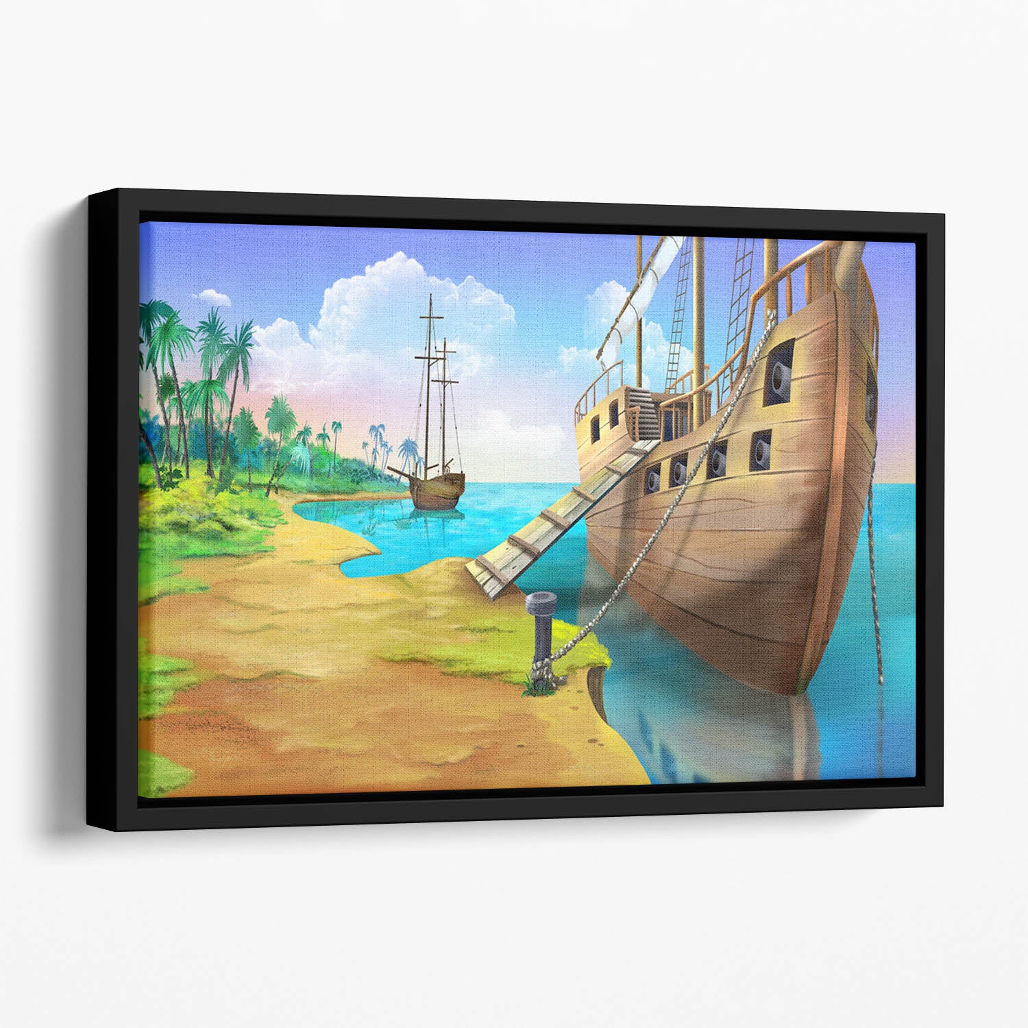 Pirate ship on the shore of the Pirate Island Floating Framed Canvas