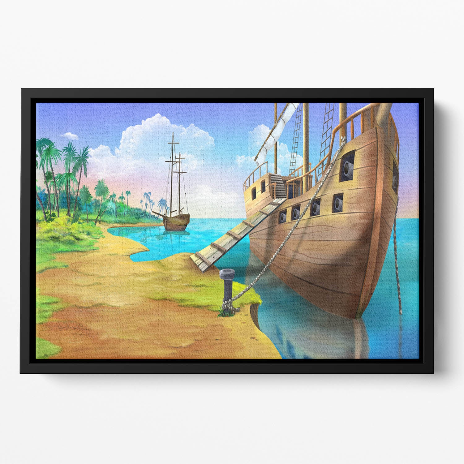 Pirate ship on the shore of the Pirate Island Floating Framed Canvas