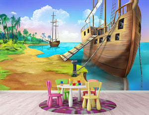 Pirate ship on the shore of the Pirate Island Wall Mural Wallpaper - Canvas Art Rocks - 2