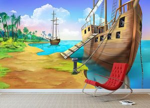 Pirate ship on the shore of the Pirate Island Wall Mural Wallpaper - Canvas Art Rocks - 3