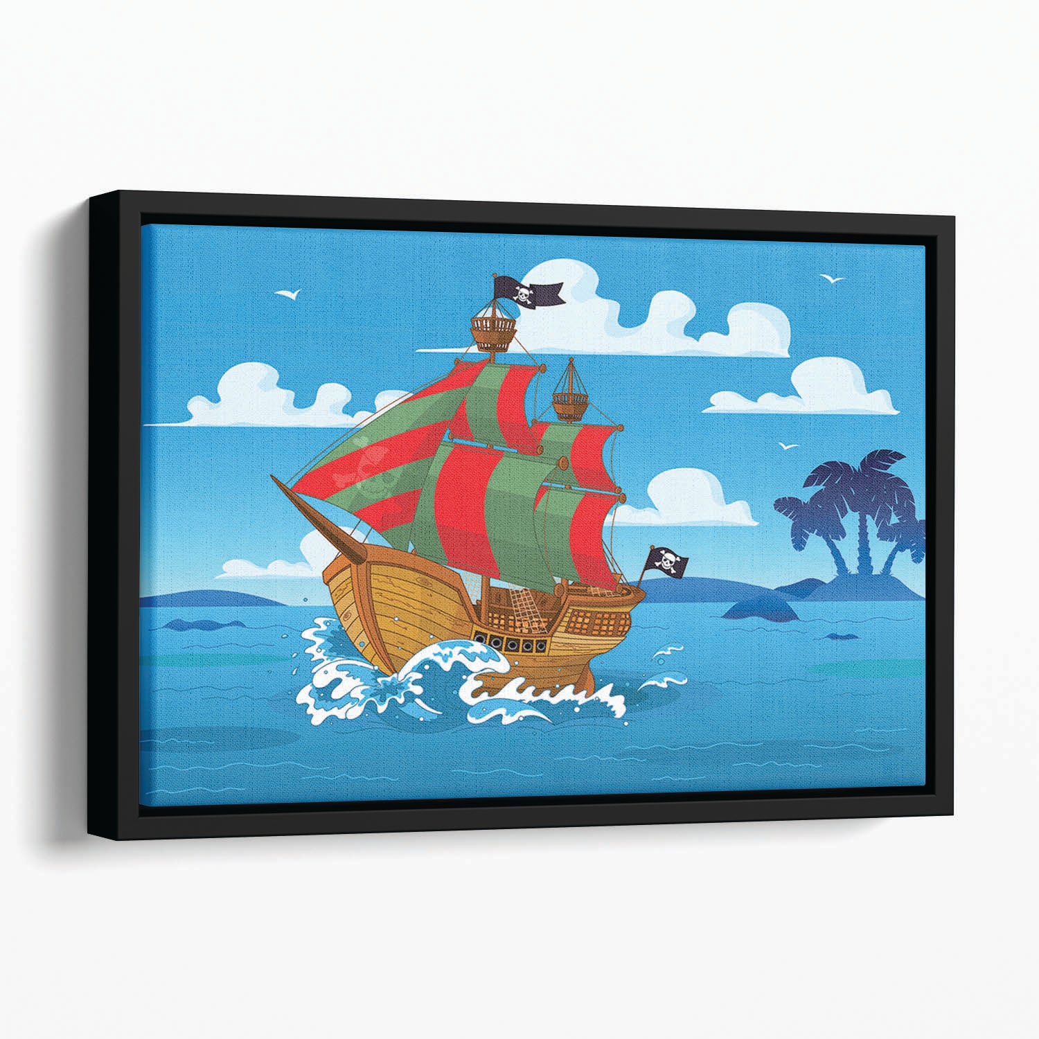 Pirate ship sails the seas Floating Framed Canvas