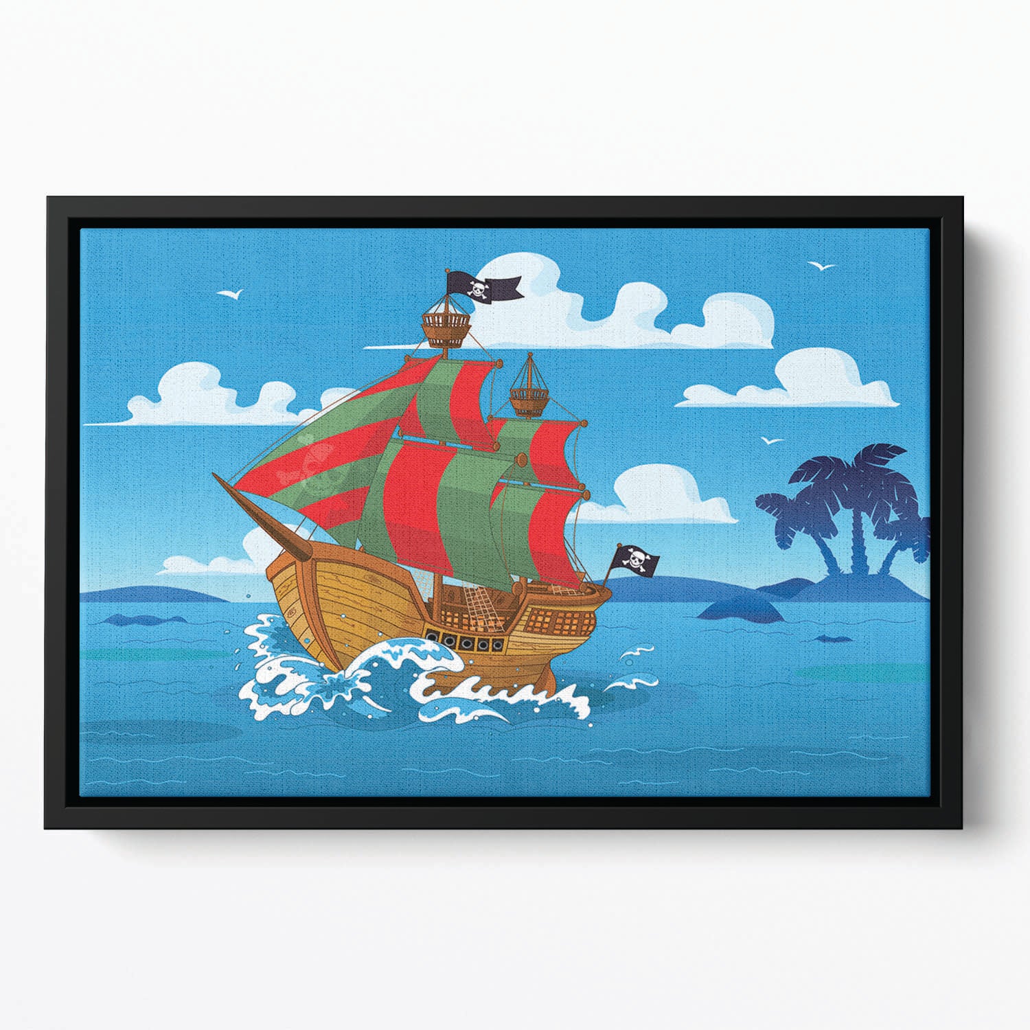 Pirate ship sails the seas Floating Framed Canvas