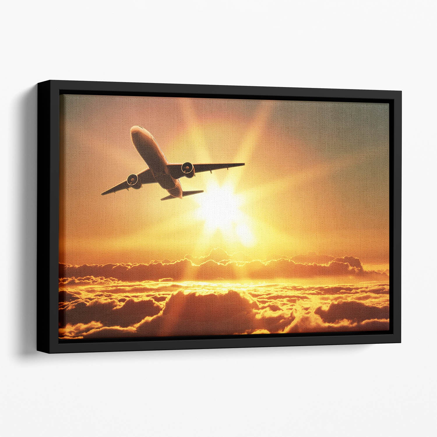 Plane takes off at sunrise Floating Framed Canvas
