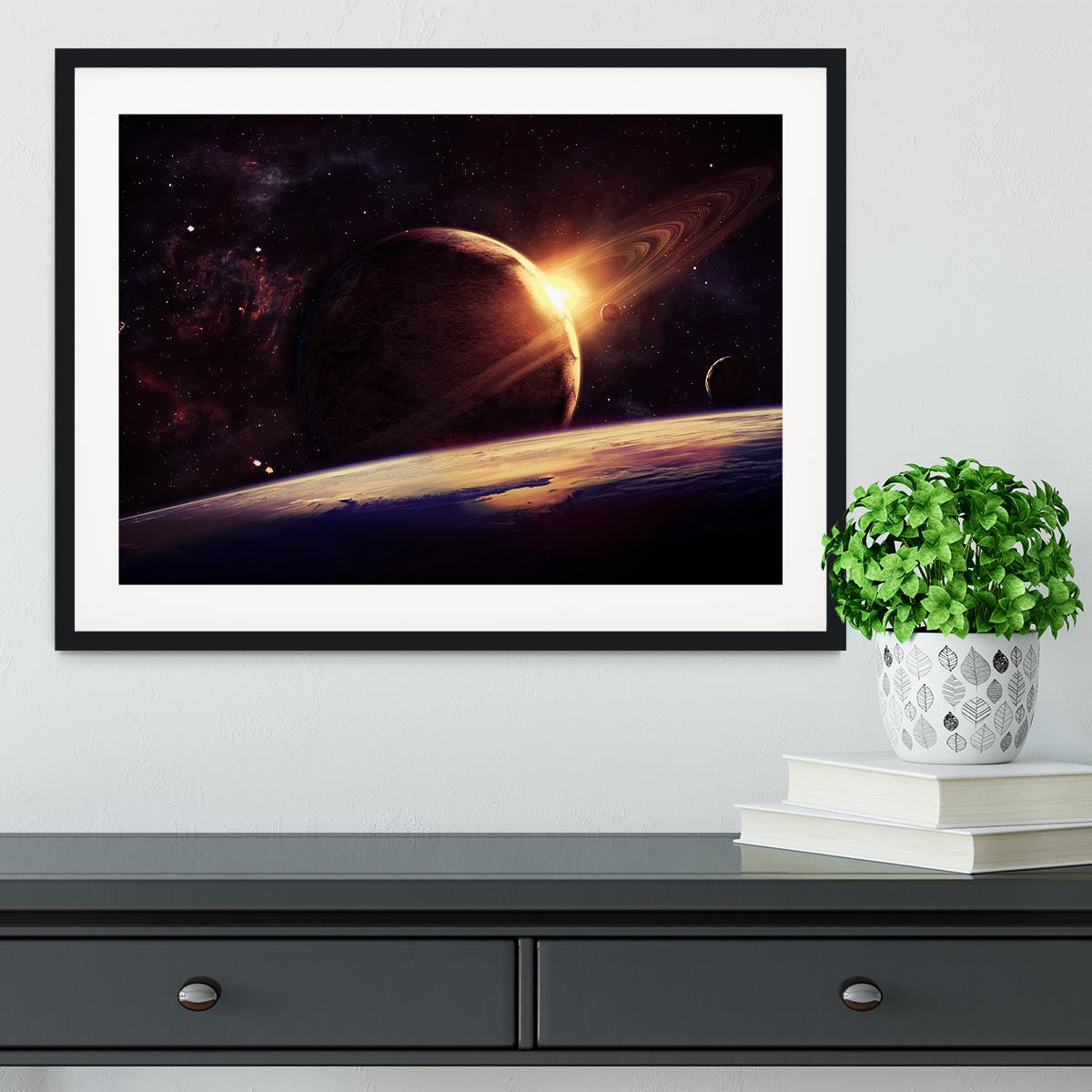Planets over the nebulae in space Framed Print - Canvas Art Rocks - 1