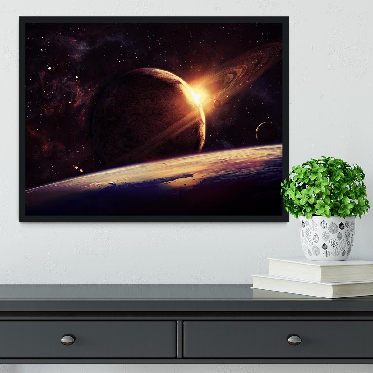 Planets over the nebulae in space Framed Print - Canvas Art Rocks - 2