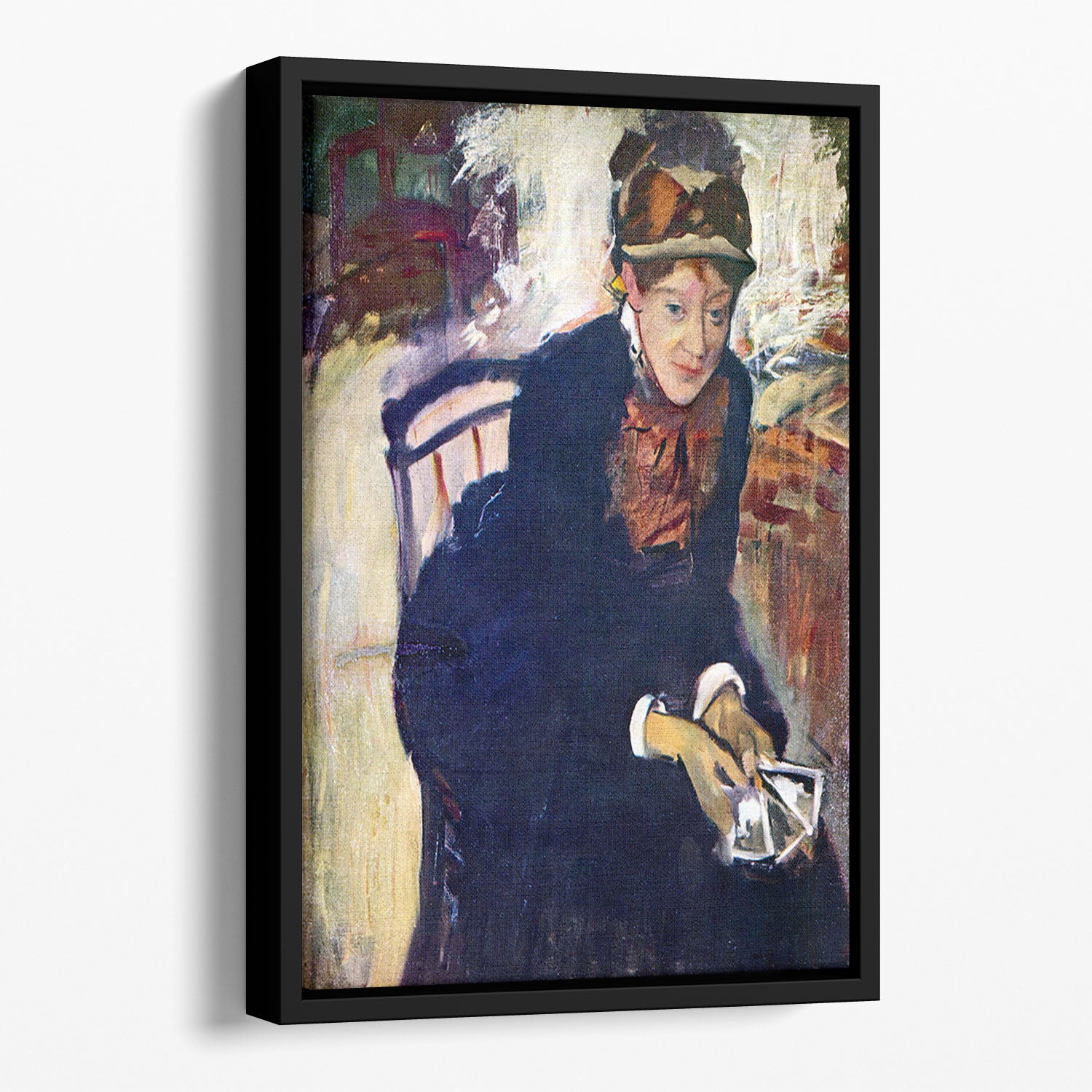 Portrait of Miss Cassatt holding the cards by Degas Floating Framed Canvas