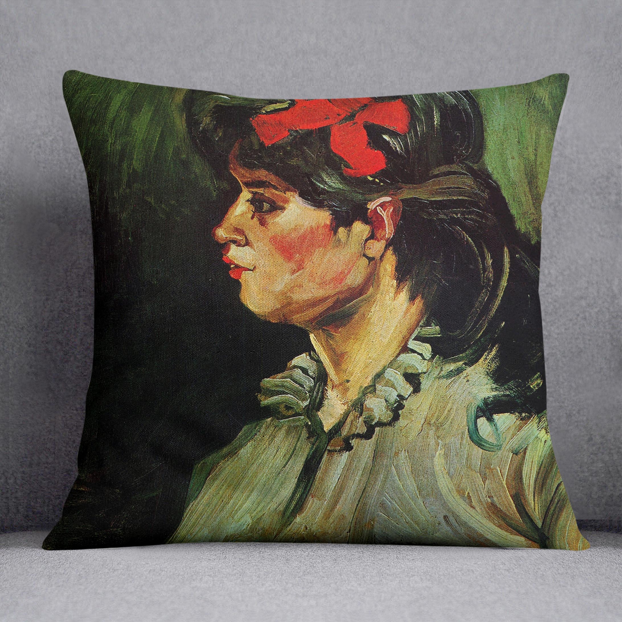 Portrait of a Woman with Red Ribbon by Van Gogh Cushion