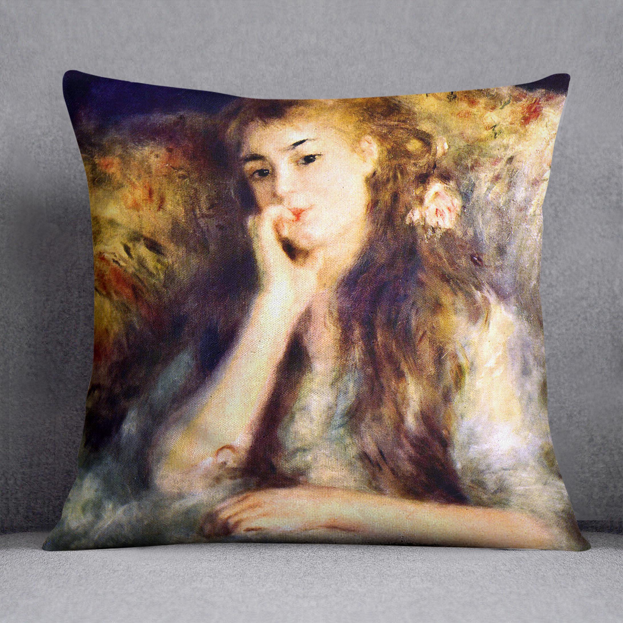 Portrait of a girl in thoughts by Renoir Cushion