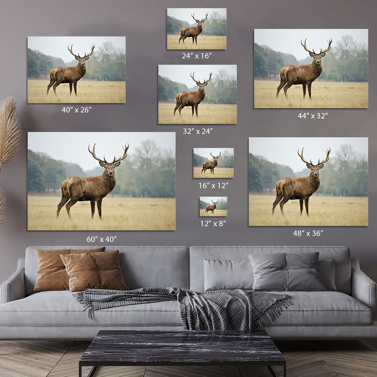 Portrait of adult red deer stag in field Canvas Print or Poster - Canvas Art Rocks - 7