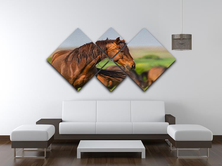Portrait of red horse in herd on spring pasture 4 Square Multi Panel Canvas - Canvas Art Rocks - 3
