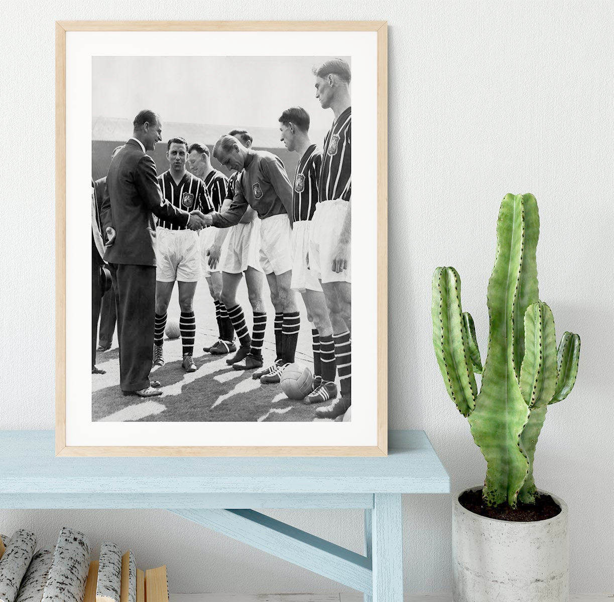 Prince Philip meeting members of Manchester City team Framed Print - Canvas Art Rocks - 3
