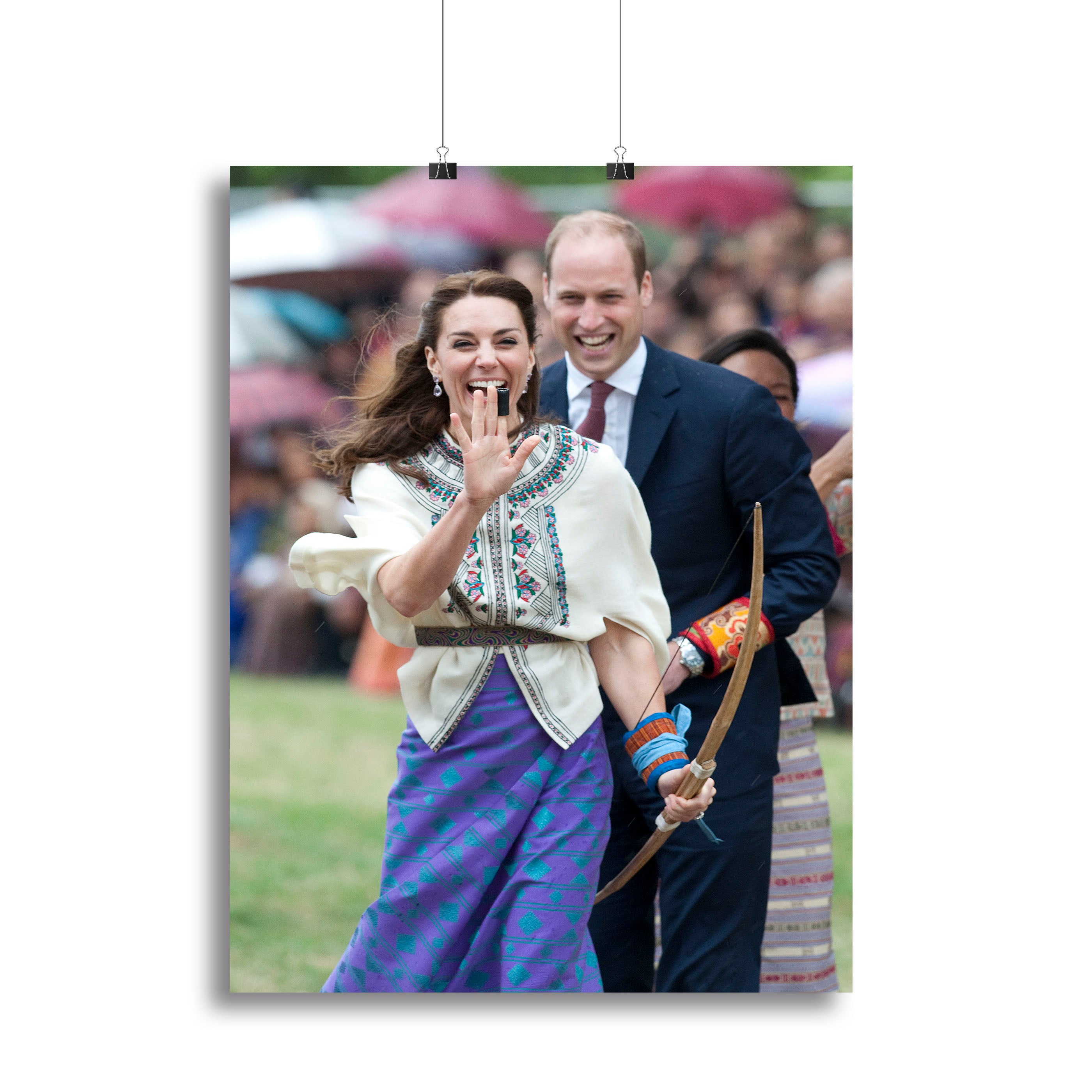 Prince William and Kate laughing trying archery in Bhutan Canvas Print or Poster - Canvas Art Rocks - 2
