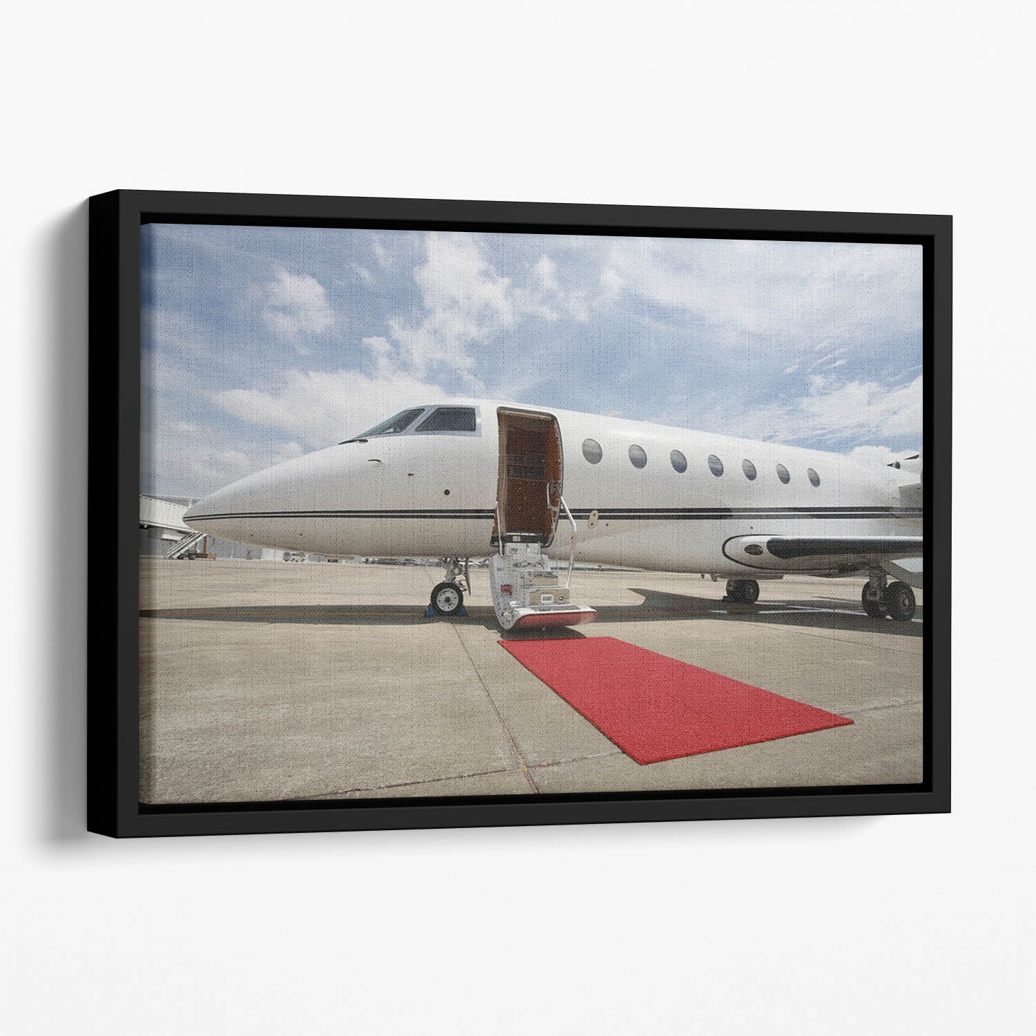 Private airplane with red carpet Floating Framed Canvas