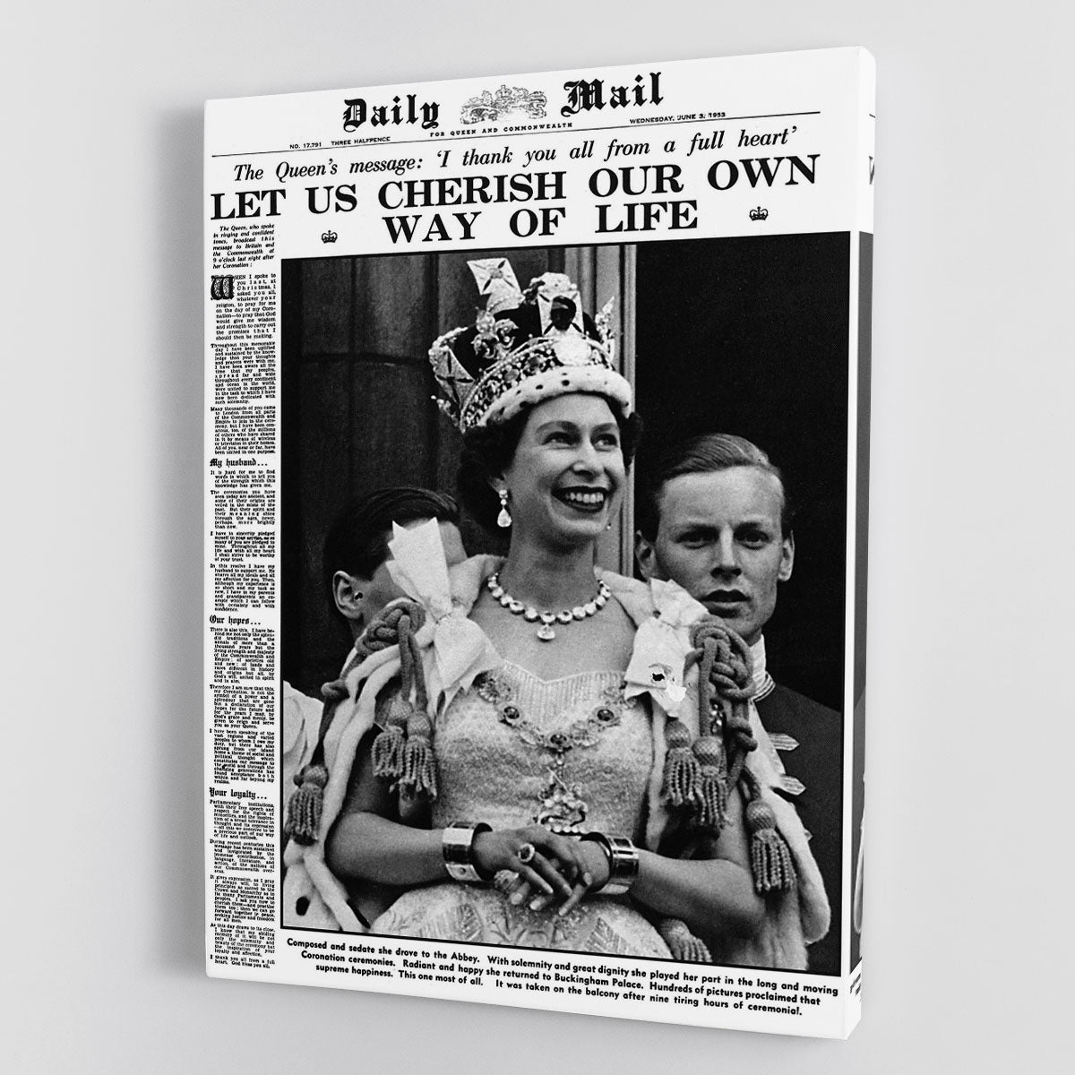 Queen Elizabeth II Coronation Daily Mail front page 3 June 1953 Canvas Print or Poster - Canvas Art Rocks - 1