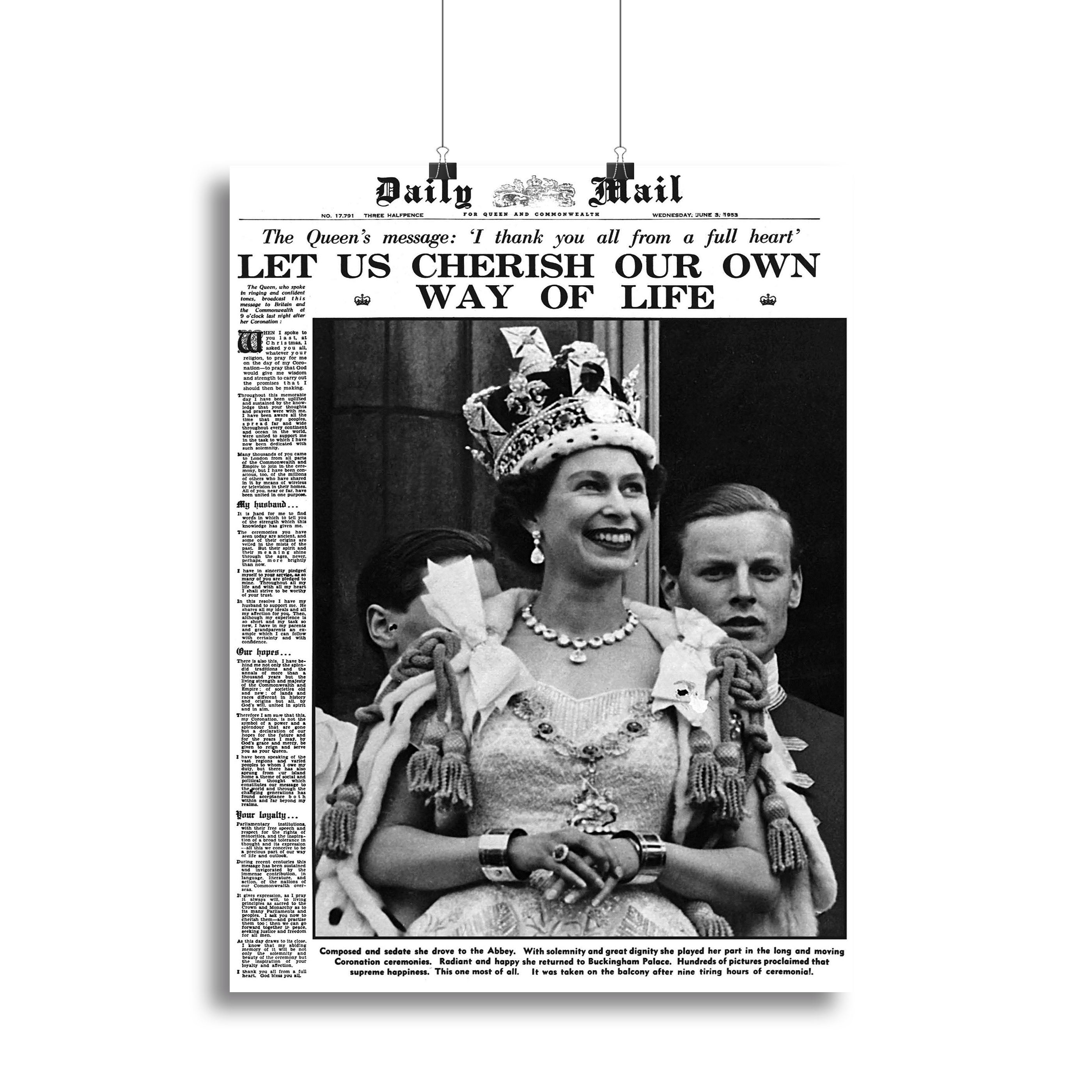 Queen Elizabeth II Coronation Daily Mail front page 3 June 1953 Canvas Print or Poster - Canvas Art Rocks - 2
