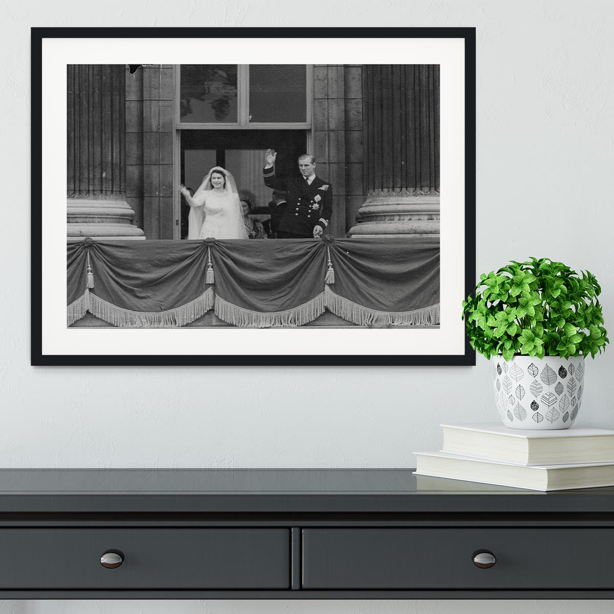 Queen Elizabeth II Wedding the couple wave from the balcony Framed Print - Canvas Art Rocks - 1