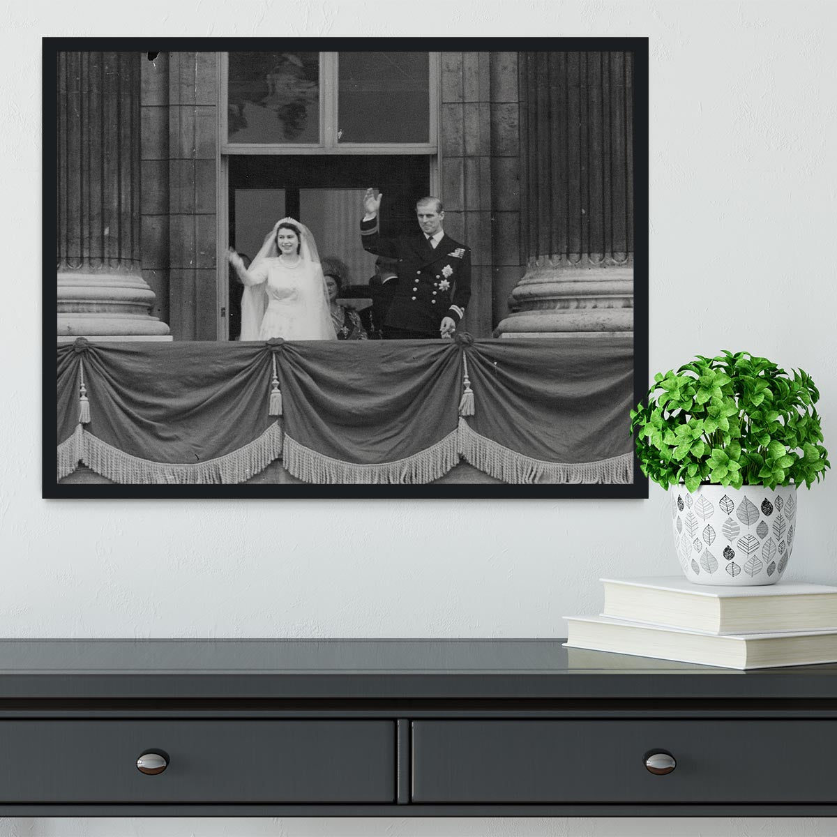 Queen Elizabeth II Wedding the couple wave from the balcony Framed Print - Canvas Art Rocks - 2