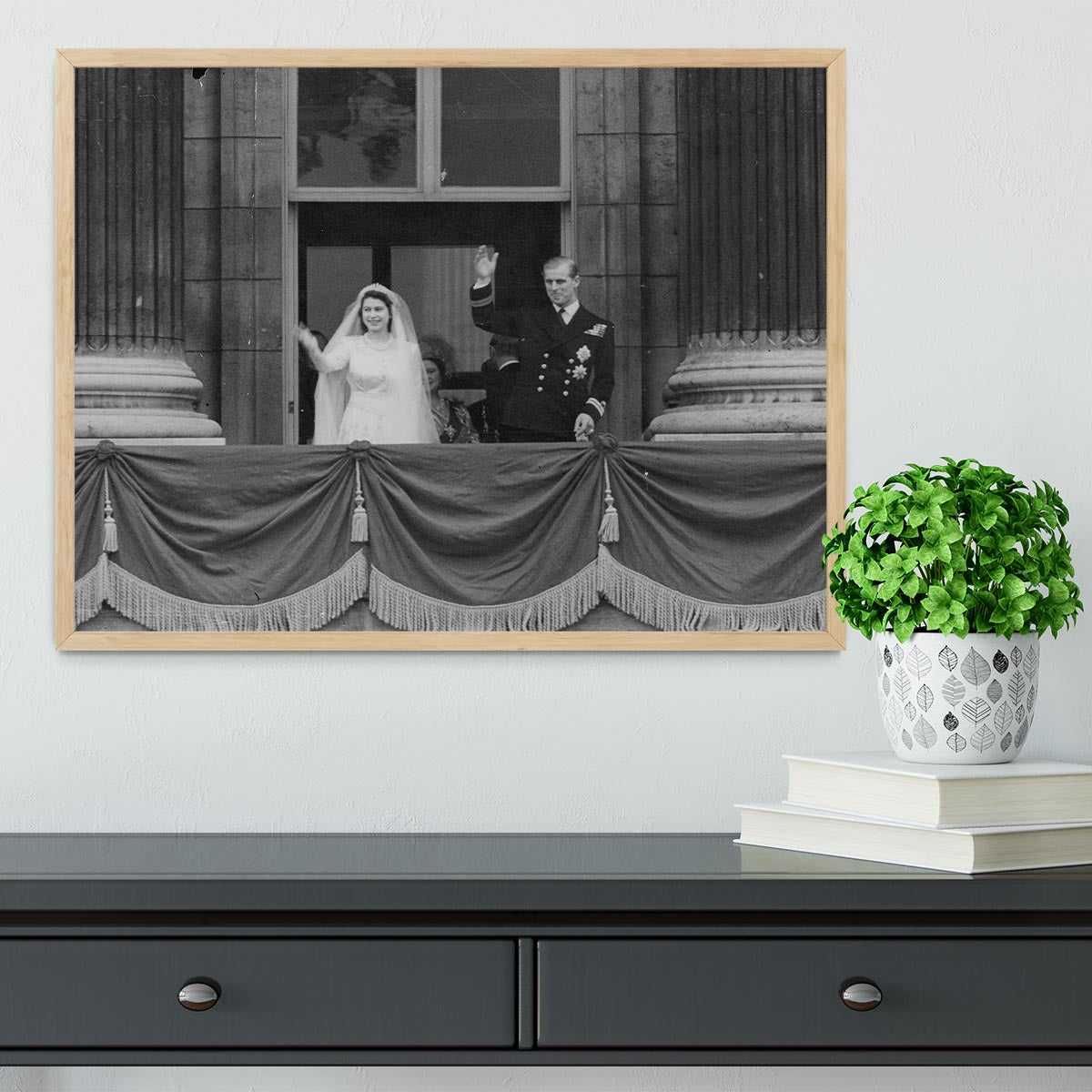 Queen Elizabeth II Wedding the couple wave from the balcony Framed Print - Canvas Art Rocks - 4