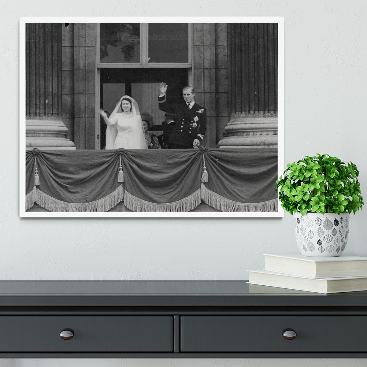 Queen Elizabeth II Wedding the couple wave from the balcony Framed Print - Canvas Art Rocks -6